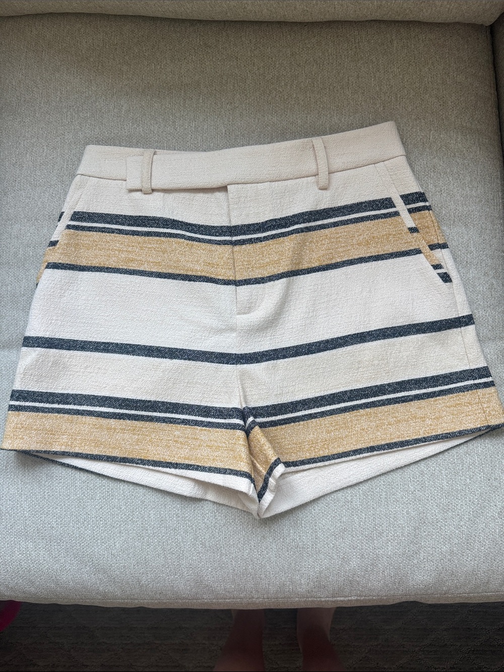 Equipment Cream High-Waist Shorts with Mustard and Navy Stripe Detail